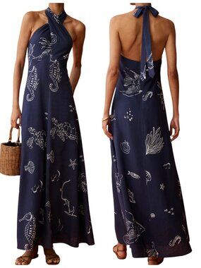 Anaya Oceana Dress Size 4 Navy Linen Blend Halter Maxi Dress NWT
